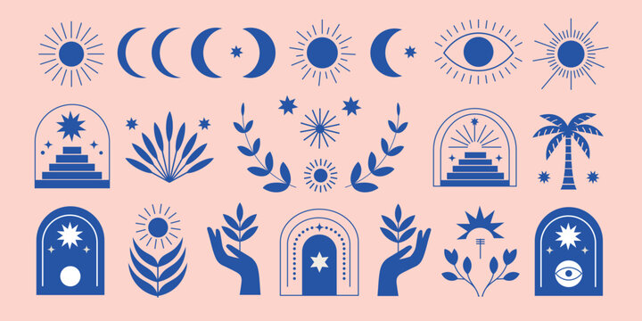 Set of blue mystical boho elements with healing hands sun moon and evil eye,Minimalist esoteric vector icon collection,boho, mystical, esoteric, magic, spiritual