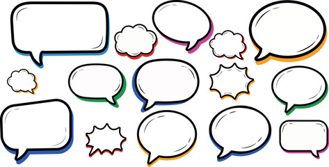 Fototapeta premium Set of empty comic book speech bubbles with colorful drop shadows and black outlines,Blank pop art chat balloon vector collection for text layout and social media post