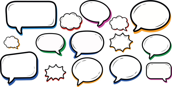 Set of empty comic book speech bubbles with colorful drop shadows and black outlines,Blank pop art chat balloon vector collection for text layout and social media post