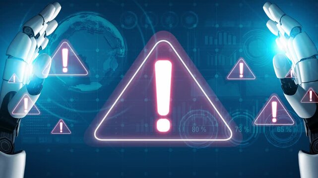AI monitors network to issue real-time alerts for cybersecurity incident. Alert warning showing red cyber for data breach, network threat, emphasis on security risk, caution, digital protection Marrow