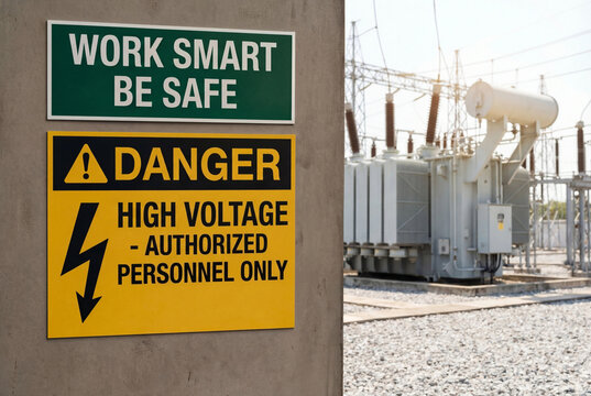 High voltage danger warning and workplace safety signage at industrial electrical power substation for authorized personnel access control and hazard prevention