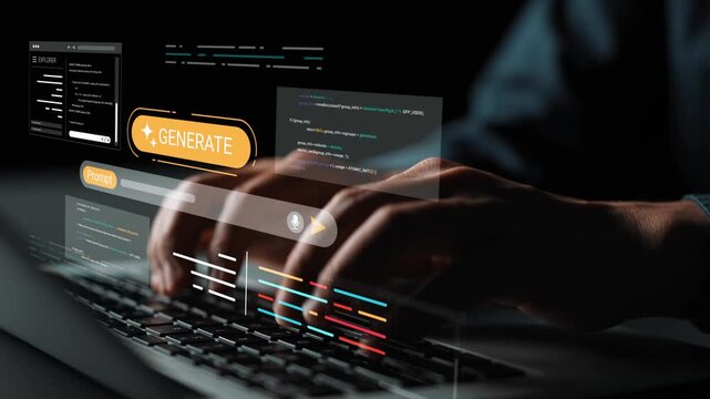Hands Typing on Keyboard with Floating Digital Interface and Generate Button in a Dark Environment for Technology and Innovation Concepts Gluon.