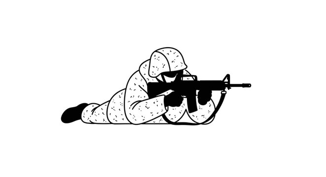Soldier Aiming Rifle in Prone Position, Military Combat Training, Tactical Gear, Warfare Concept