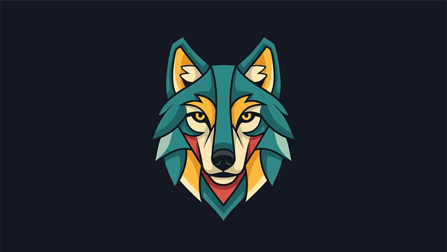 Vibrant wolf illustration with geometric shapes and captivating colors on dark background.