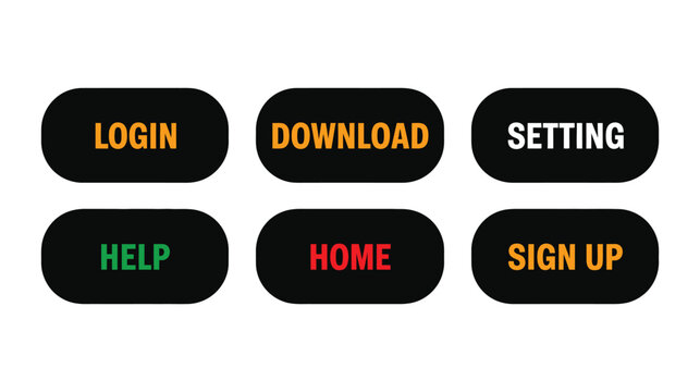 Six black rounded rectangle buttons with colored text labels login download setting help home sign up