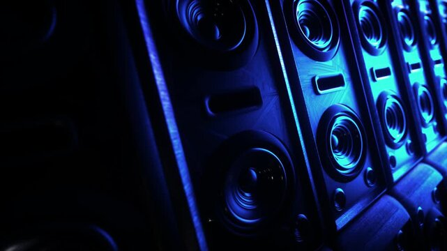 Sound speakers and subwoofer on dark background with neon