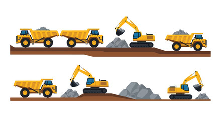 Illustration of yellow dump trucks and excavators at a quarry site © SERINA AKTHER