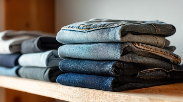 Stacked, folded denim pants in varying shades of blue and gray on a wooden shelf