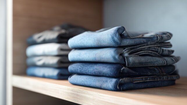 Stacked folded denim jeans, varying shades, resting on a wooden shelf in a closet