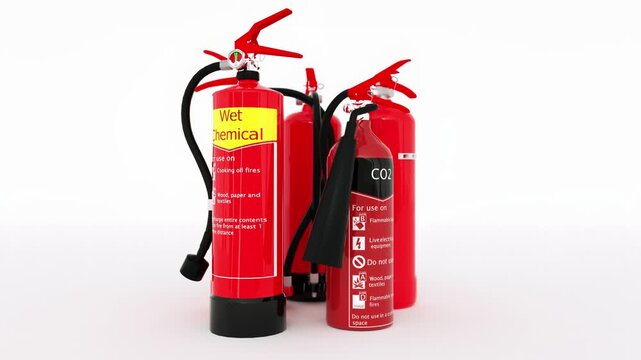 Group of Red Fire Extinguishers Wet Chemical, Foam, and CO2 Types for Fire Safety and Emergency Protection with Hose and Nozzle, Safety Equipment Instructions, and Labels on White Background