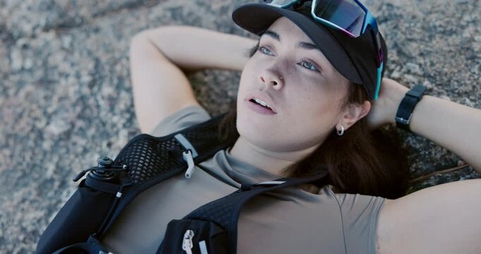 Fitness, breathing or woman thinking on outdoor break, relax or hiking adventure for exercise reflection. Fresh air, hiker or calm person with rest for trekking workout, peace or nature perspective