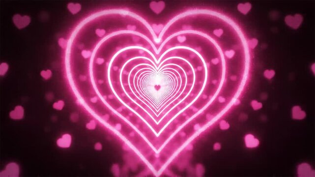 Glowing neon pink heart tunnel abstract background with bokeh hearts romantic celebration love
