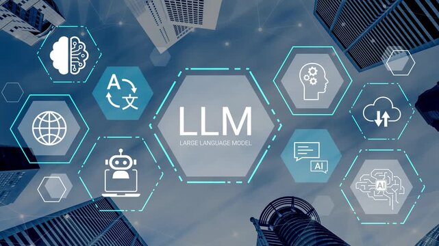 Modern Technology Concept with Large Language Model and Icons Representing Artificial Intelligence in Urban Environment Gluon.