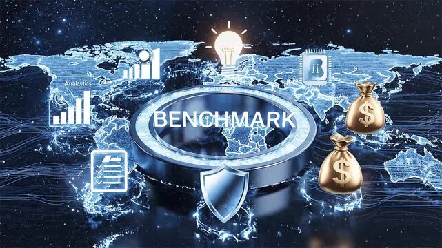 Digital benchmark concept with global data network connections and technology icons featuring