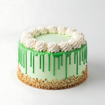 A minty green cake with white frosting and green drizzle