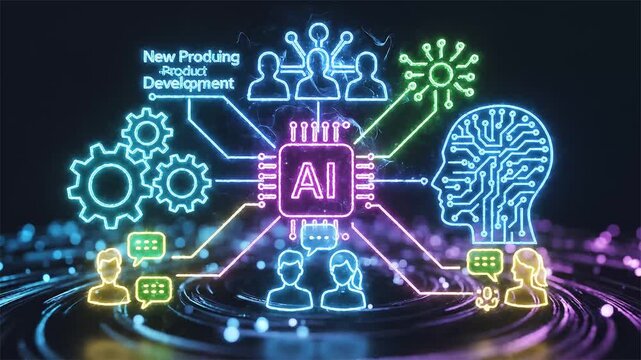 Artificial intelligence network connecting people gears and brain for new product development