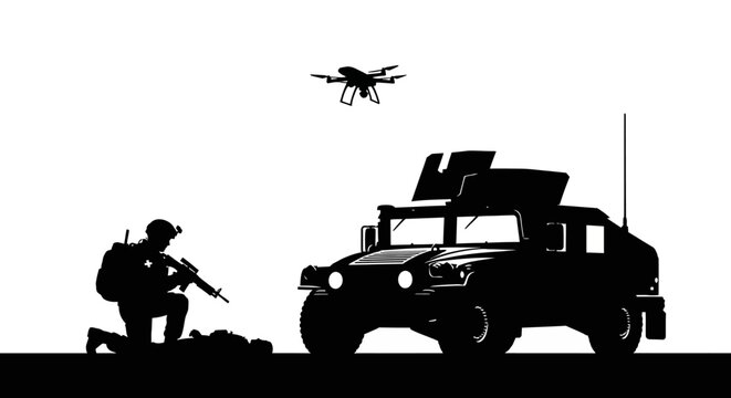 Soldier with Drone and Military Vehicle Silhouette