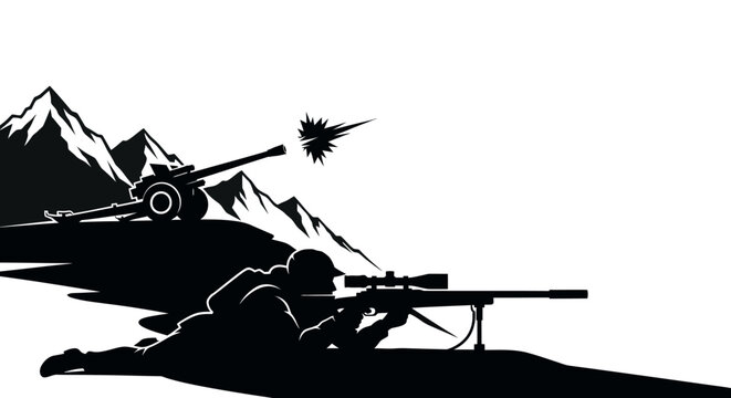 Soldier with sniper rifle and artillery gun in mountainous battlefield, silhouette, war concept