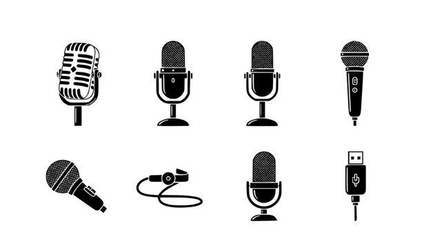 A set of black and white vector microphone icons for audio recording and music