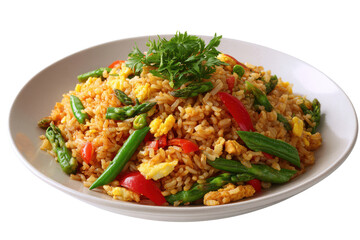 White plate of fried rice with asparagus egg and red pepper food dish