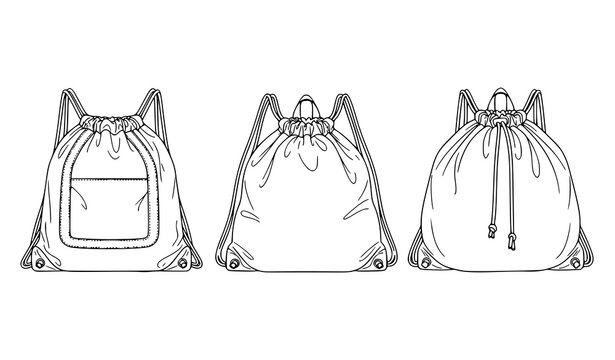 A minimalist line art illustration of a drawstring backpack in three views