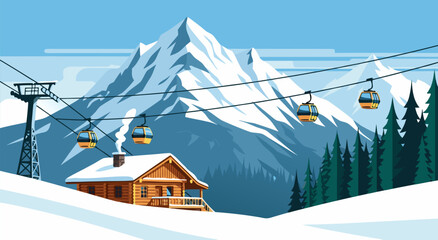 Cozy mountain chalet with ski lift cable cars in snow, a beautiful winter landscape vector illustration
