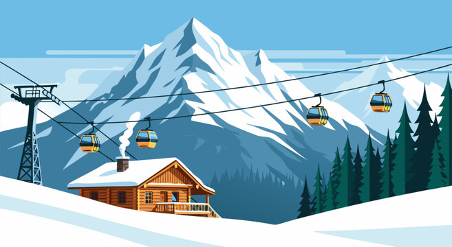 Cozy mountain chalet with ski lift cable cars in snow, a beautiful winter landscape vector illustration