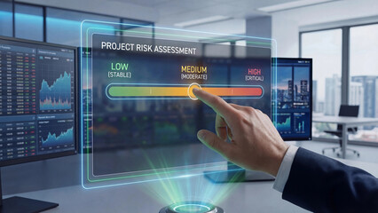 Fototapeta premium Business professional interacting with holographic project risk assessment gauge interface displaying low medium and high risk levels for corporate decision making