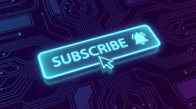 A glowing subscribe button with a cursor on a circuit board background