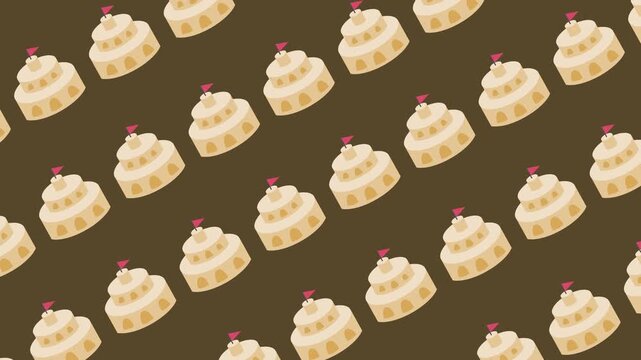 Seamless pattern with sandcastle icons and red flags on a brown background animation. Repeating summer vacation wallpaper with diagonally aligned beach fun pattern.