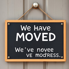 Signboard We have moved, changed address. We've moved. Changed address navigation. Concept of locator land mark like ecommerce delivery or transfer label. Hanging sign for door