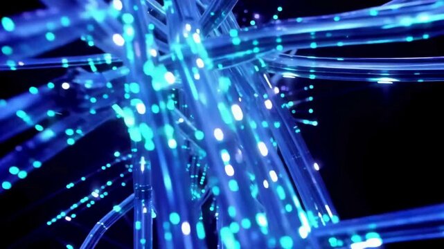 Dynamic 3D animation of glowing blue fiber optic cables transmitting high-speed data in a dark digital space.