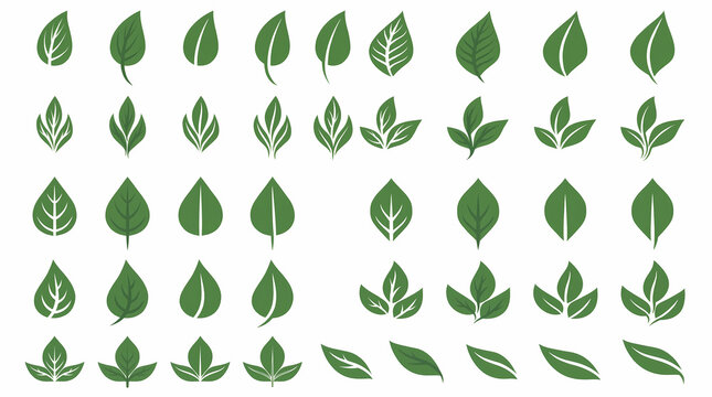 Organized green leaf icon collection in uniform grid layout with gradient shading