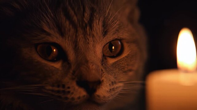 Candlelit Curiosity: A feline gazes intently at a burning candle in a dimly lit setting, capturing the interplay of light and shadow, the curiosity of the cat.