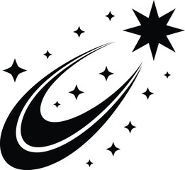 A sleek comet streaking past a cluster of twinkling stars and a radiant celestial starburst isolated on transparent background, Vector