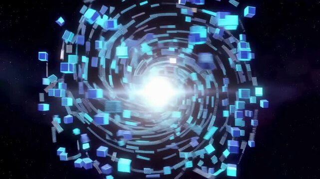 A mesmerizing 3D animation of glowing blue digital cubes swirling into a central light vortex in deep space.