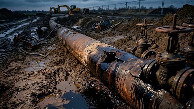 Damaged Rusty Oil Pipeline Leaking Black Crude Oil Onto Muddy Ground With Construction Equipment In Background Under Cloudy Sky