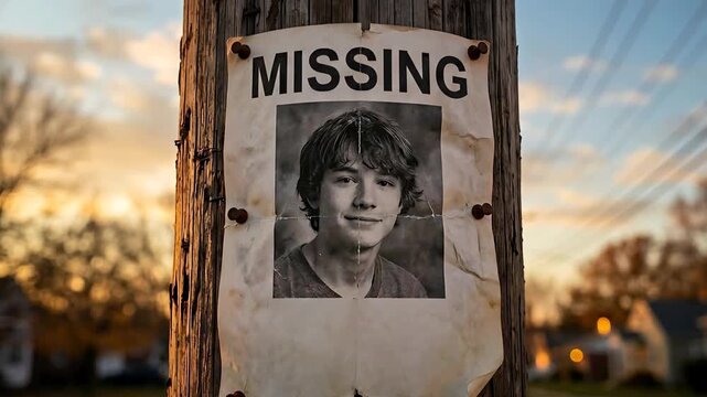 Distressed Missing Person Poster With Teenage Boys Photo Pinned To Wooden Utility Pole At Sunset With Cloudy Sky And Suburban Background