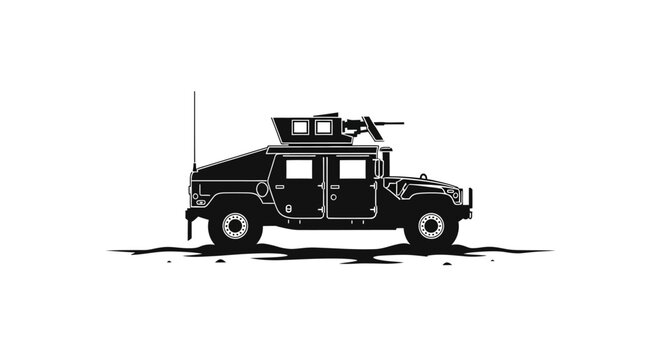Black Silhouette of a Humvee Military Vehicle with Mounted Machine Gun on White Background