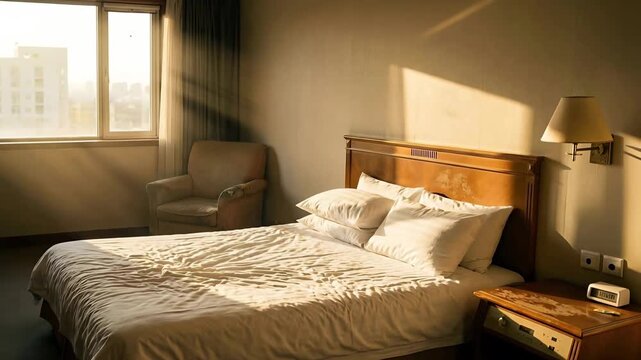 Empty hotel room with rumpled white bedding and warm golden hour sunlight streaming through the window casting long shadows on the floor and wall