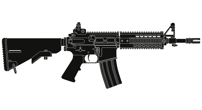 Black Silhouette of an Assault Rifle, Modern Military Weapon, Tactical Firearm