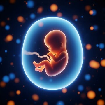A fetus in a womb surrounded by amniotic fluid and colorful lights