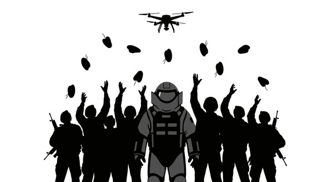Drone Drops Bombs on Soldiers in Tactical Gear, Military Operation