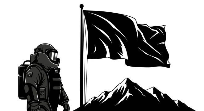 Hazmat Suit Figure Stands Guard Beside Black Flag on Mountain Peak