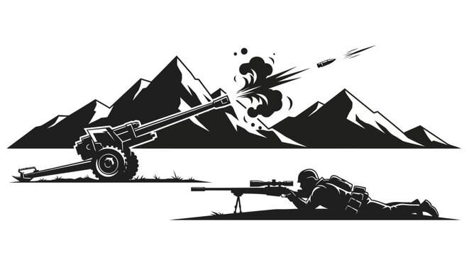 Military artillery firing a shell with a sniper aiming in mountainous terrain, black and white illustration