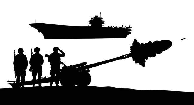 Military Artillery Firing with Aircraft Carrier and Soldiers Silhouetted