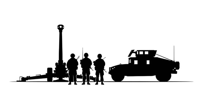 Military Artillery Gun, Soldiers, and Humvee Silhouette - Combat Ready