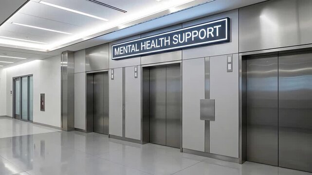 Modern Office Interior With Mental Health Support Signage Above Elevators Gleaming Reflective Floor Under Bright Fluorescent Lights