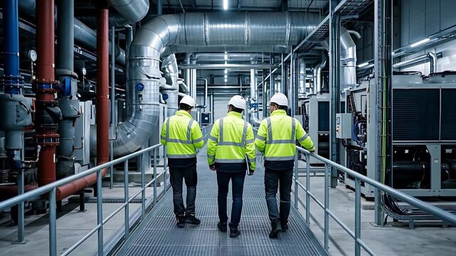 Three Workers in High Visibility Jackets and Helmets Walking Down an Industrial Catwalk Amidst Large Pipes and Machinery in a Factory Setting with