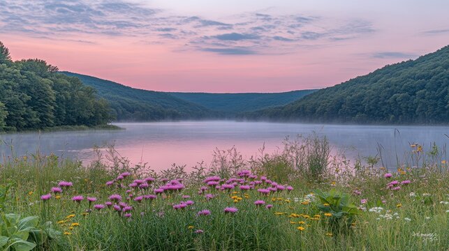 Misty lake at dawn, with wildflowers along the shore.